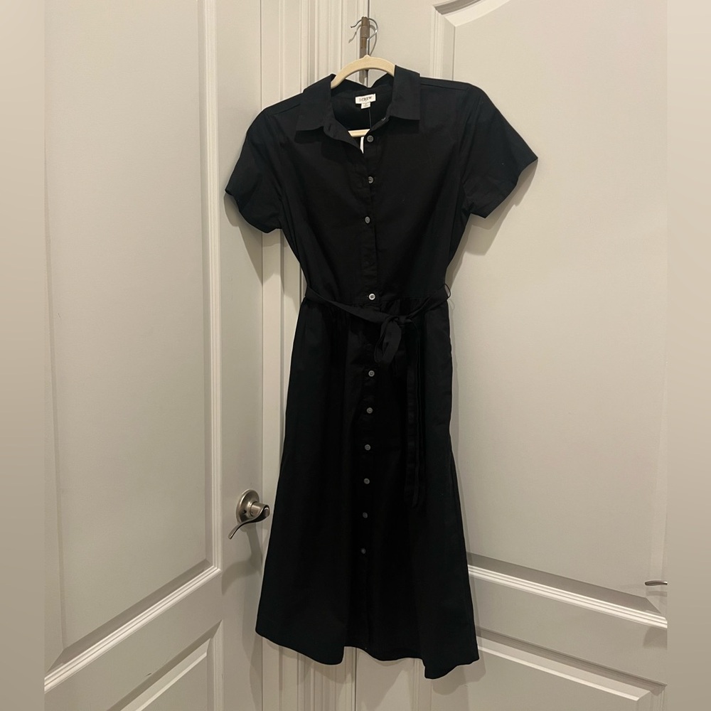 J. Crew Black Button-Front Midi Shirt Dress with Tie Waist
